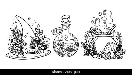 Vector illustration of a witch's hat, potion bottle, and cauldron, surrounded by magical plants and mushrooms.  Stock Vector