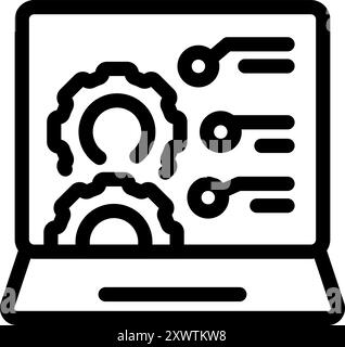 Laptop is displaying cogwheels and data, representing a software development process Stock Vector