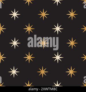 Seamless vector pattern with gold Christmas stars on black, festive design for wrapping paper. Vector illustration Stock Vector