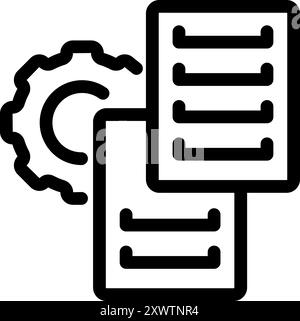 Bold icon of a gear connecting two digital documents representing data management and integration Stock Vector