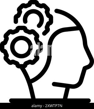 Simple line drawing represents the concept of thinking with cogwheels working inside a human head silhouette Stock Vector