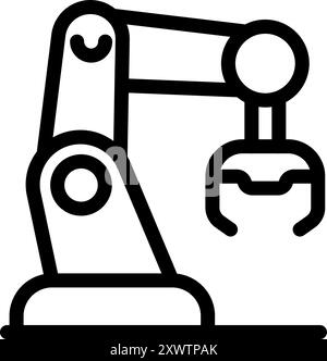 Simple black and white vector icon of a robotic arm picking up an object, perfect for illustrating automation Stock Vector