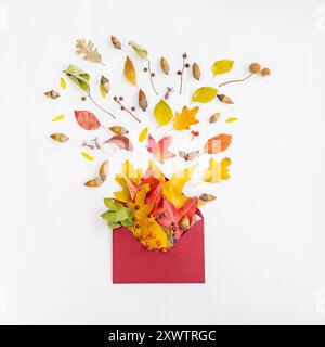 Colorful autumn leaves bursting from a red envelope isolated on a white background Stock Photo