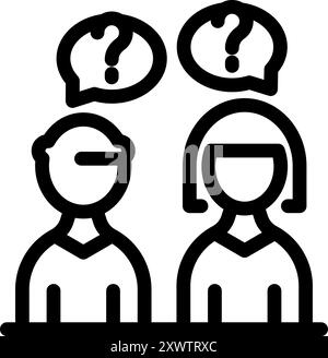 Simple vector icon representing a man and a woman thinking with question marks over their heads Stock Vector
