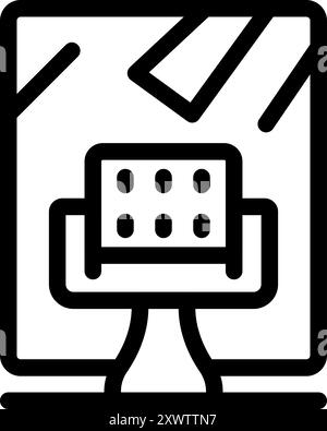 Line icon of a computer with a modern building project displayed on the screen, hinting at architectural design Stock Vector