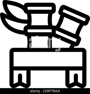 Black outline icon representing an auction hammer striking wooden barrels Stock Vector