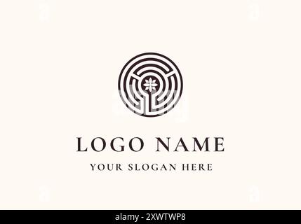 Logo Labyrinth flower blossom in the middle, Logo botanical, branch and floral. Editable file Stock Vector