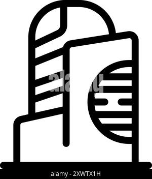 Simple, bold line icon of a modern building facade featuring a prominent round element, suggesting a contemporary architectural design Stock Vector