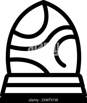 Simple black and white vector icon of an easter egg decorated with wavy lines standing on a stand Stock Vector