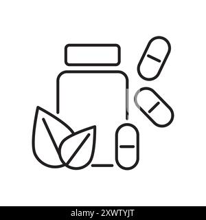 Herbal supplement bottle icon. Capsules and leaf detail. Minimal black and white outline. Clean vector style. Stock Vector