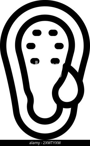 Black and white line art icon of a human ear wearing an earplug with water dripping off of it Stock Vector