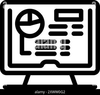 Simple vector icon of a desktop computer displaying a website with charts and data for analysis Stock Vector