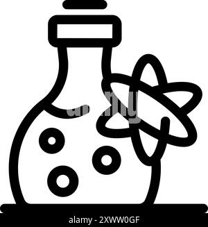 Simple line icon representing a scientific laboratory setting, featuring a flask filled with bubbling liquid and an atom symbol Stock Vector
