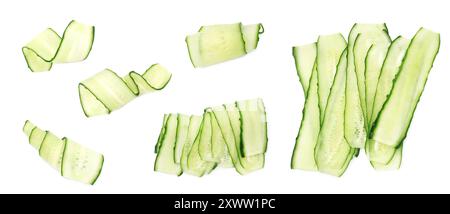 Thinly sliced cucumbers isolated on white, collage Stock Photo