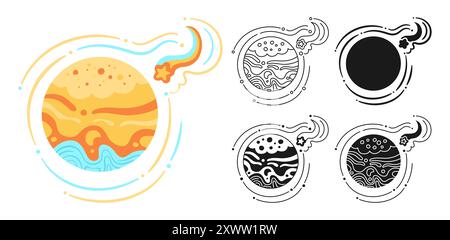 Fantasy Planet with meteor cartoon set for children. Fantastic cosmos sign icon linear design. Abstract fantastic doodle galaxy comic kids planet symbol. Vector celestial space sphere for website app Stock Vector