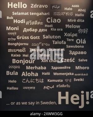 Multilingual Hello Greetings Wall Display with Swedish Accent Stock Photo