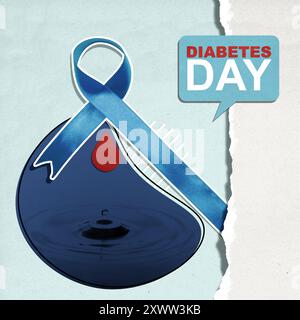 A blue ribbon is wrapped around a globe, symbolizing the importance of awareness and support for a cause. World diabetes day Stock Photo