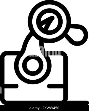 Robotic arm is using a magnifying glass to analyze data from a laptop, symbolizing artificial intelligence and data analysis Stock Vector