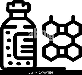 Simple bold outline icon representing a vial of vaccine standing near a molecule structure Stock Vector