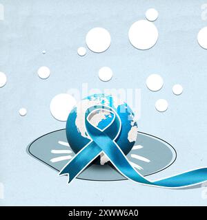 A blue ribbon is wrapped around a globe, symbolizing the importance of awareness and support for a cause. World diabetes day Stock Photo