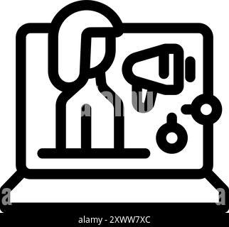 Businesswoman is presenting an online marketing campaign, symbolized by a megaphone icon on a laptop screen Stock Vector