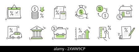 Loan interest rate doodle icon set. Hand drawn sketch doodle line style bank money loan interest rate icon for house, car discount percentage concept. Trendy cute element. Vector illustration Stock Vector