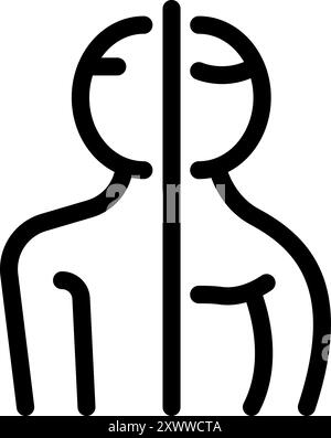 Line icon representing the concept of split personality disorder with a person split in half down the middle, one side with a neutral expression and the other with a sad expression Stock Vector