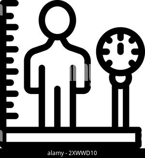 Line icon of a doctor measuring patient height and weight with medical equipment Stock Vector