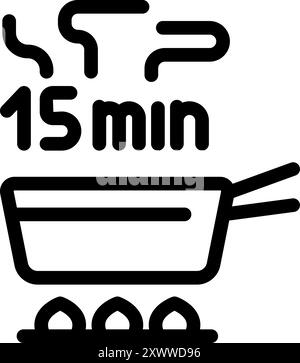 Simple, bold icon of a steaming cooking pot on a stove top, indicating 15 minutes of cooking time Stock Vector