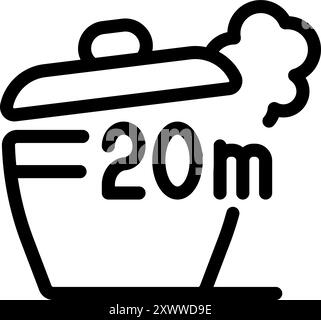 Line icon of a cooking pot with steam coming out of it, indicating a cooking time of 20 minutes Stock Vector