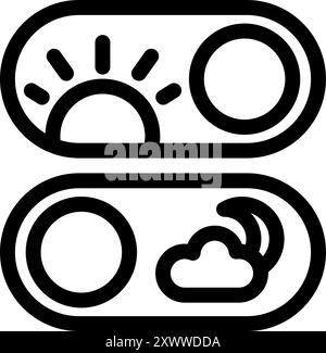 Linear icon of a toggle switch changing from day mode, represented by a sun, to night mode, represented by a cloud and a moon Stock Vector