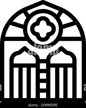 Simple, bold icon of an arched church window, featuring stained glass and columns, suitable for religious or architectural designs Stock Vector