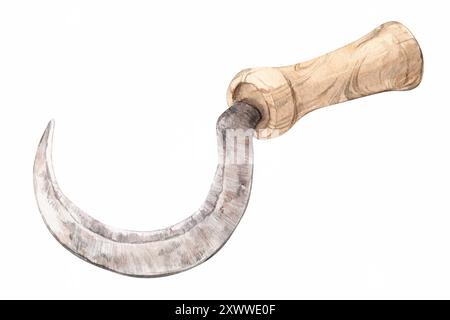 Garden sickle on a white background. A tool for harvesting, medicinal herbs, mowing grass. Antique steel sickle with wooden handle, antique. Watercolo Stock Photo