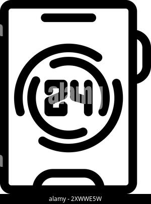 Black outline icon representing a smartphone with 24 hours availability symbol, ideal for representing always available services Stock Vector