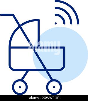 Stroller and wifi symbol. Smart children transportation device, kids tracking. Pixel perfect, editable stroke icon Stock Vector
