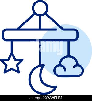 Hanging baby bedroom mobile with moon, stars and clouds. Sweet dreams. Pixel perfect, editable stroke icon Stock Vector