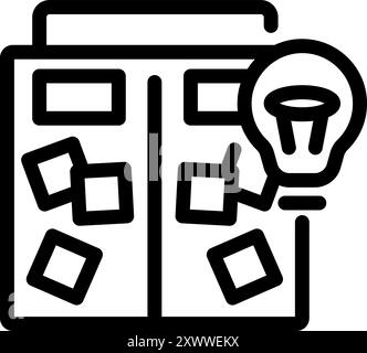 Project manager is organizing tasks on a kanban board, using sticky notes and having a bright idea Stock Vector