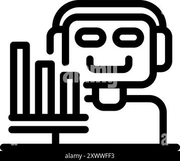 Chatbot is wearing headphones and analyzing a growing bar chart, suggesting its use in developing successful business strategies Stock Vector