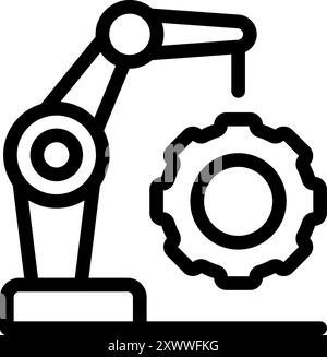 Line art icon of a robotic arm placing a gear, symbolizing industrial automation and manufacturing processes Stock Vector