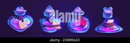 Magic glowing love potion in heart shaped glass bottle with labels. Cartoon vector game assets of medicine flask with chemistry elixir or perfume. Fantasy liquid aphrodisiac or poison in beaker. Stock Vector