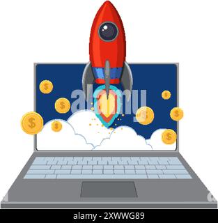 Rocket launching from laptop with coins Stock Vector Image & Art - Alamy