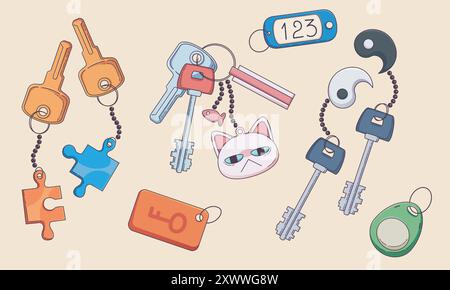 Keychains set with decorations isolated on background. Contemporary vector cartoon illustration of keys with keyring and cat, puzzle shape pendants, room number, magnet lock tag, real estate accessory Stock Vector
