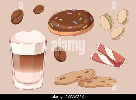 Hot fresh coffee with milk and cream in glass cup with sweet desserts and additives for cafe barista design - cookies with chocolate chips and icing, sugar sachet and coffee beans, pistachio nuts. Stock Vector