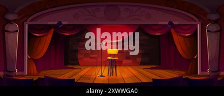 Cartoon theatre stage for comedy stand up comic or singer concert performance. Vector showtime and contest scene with red open velvet curtain and spotlight, stool chair and microphone on wooden floor. Stock Vector