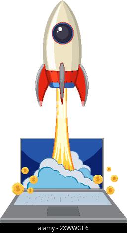 Rocket launching from laptop with coins Stock Vector Image & Art - Alamy