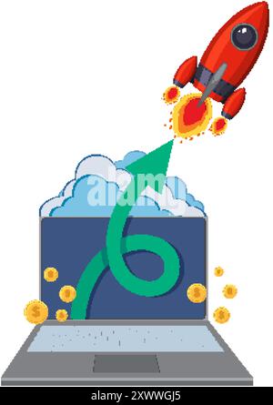 Rocket launching from laptop with coins Stock Vector Image & Art - Alamy