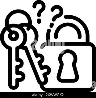 Bunch of keys is lying near a lock, raising a question about access permission and security Stock Vector