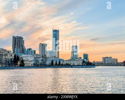 Yekaterinburg city at sunset view of the city and the river Stock Photo