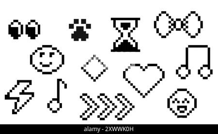 Pixxel y2k trendy elements. 8 bit groovy stickers, borders, decorations. Sandglaa, smile on face, cute paw, geometric shapes pixel art. Emoji retro. Vector illustration Stock Vector