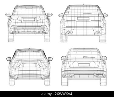 Set of wireframe different models of cars. Vector flat style illustration. Back view car vector illustration. 3D. Stock Vector